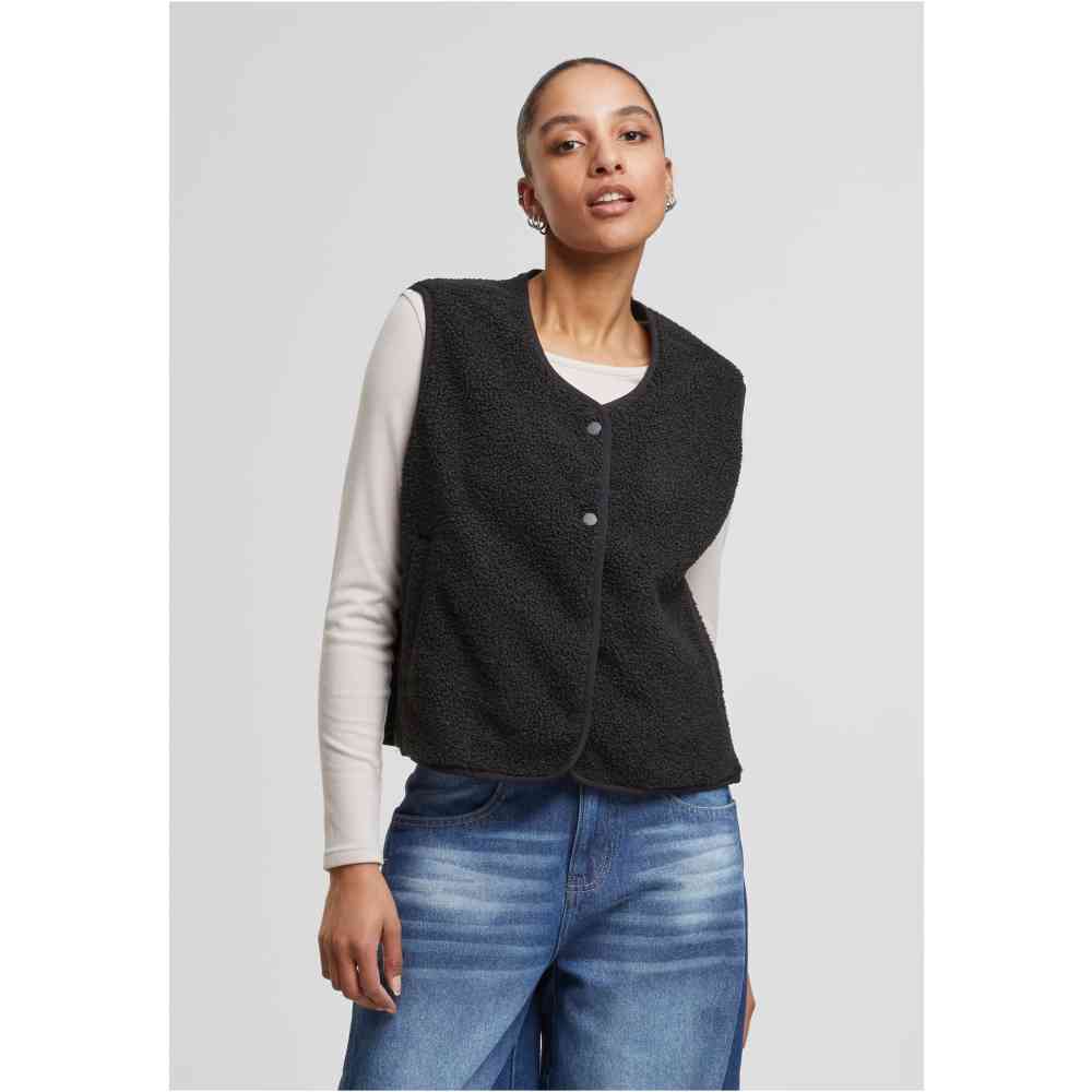 Urban Classics - Buttoned Teddy Ärmellose Jacke - Schwarz
